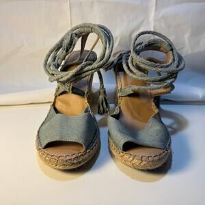 Womens Merona Light Blue Denim Espadrille Wedges Size 6.5 FLAW Tie Front Tassels